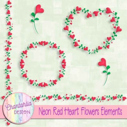 Free neon red heart flowers design elements