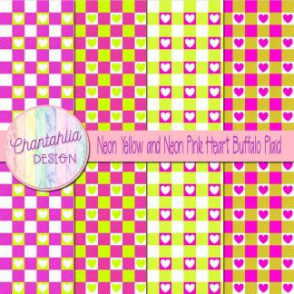 Free neon yellow and neon pink heart buffalo plaid digital papers