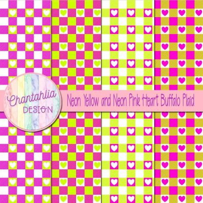 Free neon yellow and neon pink heart buffalo plaid digital papers