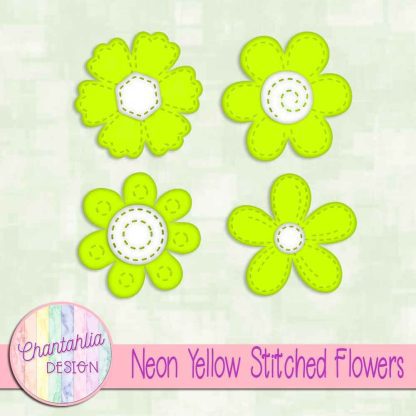 Free neon yellow stitched flowers design elements