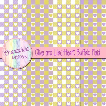 Free olive and lilac heart buffalo plaid digital papers
