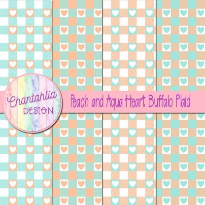 Free peach and aqua heart buffalo plaid digital papers