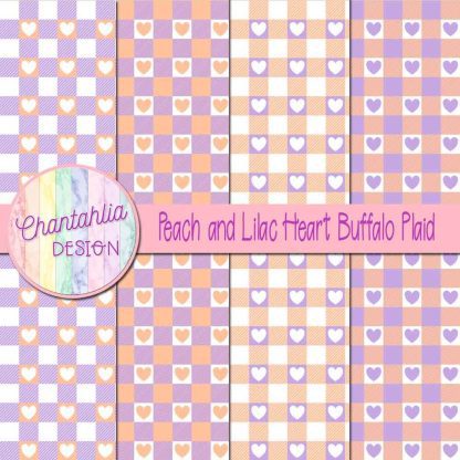 Free peach and lilac heart buffalo plaid digital papers