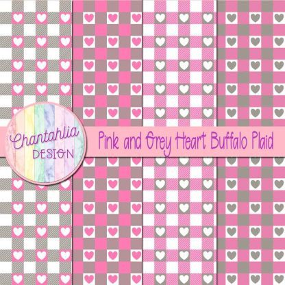 Free pink and grey heart buffalo plaid digital papers