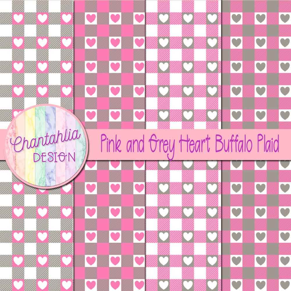 Free Pink And Grey Digital Papers With Heart Buffalo Plaid Designs