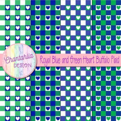 Free royal blue and green heart buffalo plaid digital papers