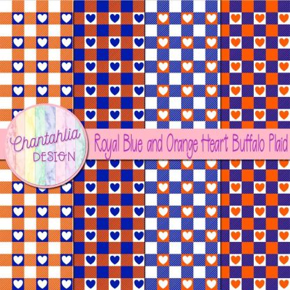 Free royal blue and orange heart buffalo plaid digital papers