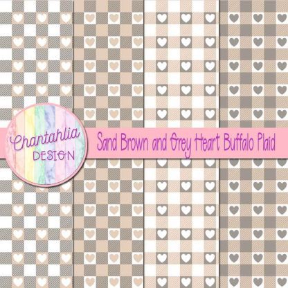 Free sand brown and grey heart buffalo plaid digital papers