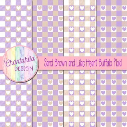 Free sand brown and lilac heart buffalo plaid digital papers