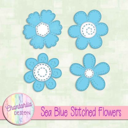 Free sea blue stitched flowers design elements