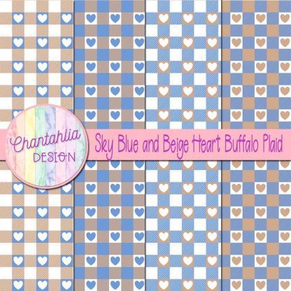 Free sky blue and beige heart buffalo plaid digital papers