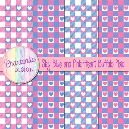 Free sky blue and pink heart buffalo plaid digital papers