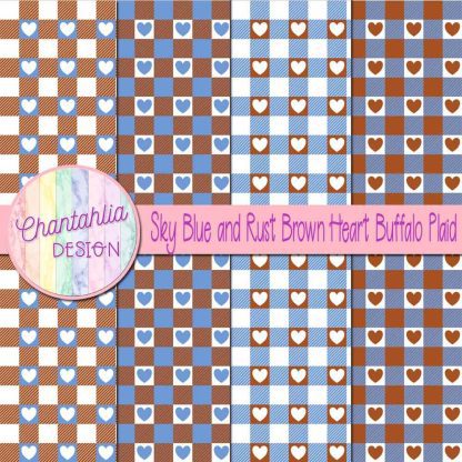 Free sky blue and rust brown heart buffalo plaid digital papers