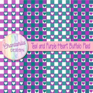 Free teal and purple heart buffalo plaid digital papers