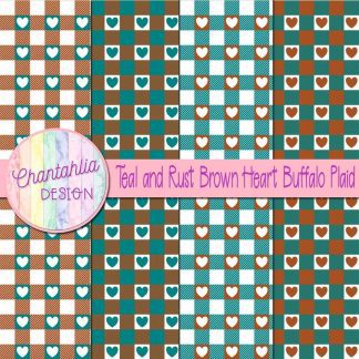 Free teal and rust brown heart buffalo plaid digital papers