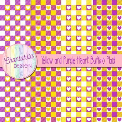 Free yellow and purple heart buffalo plaid digital papers