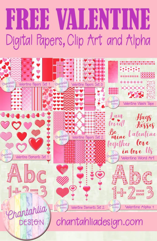 Free digital Valentines heart scrapbooking papers and border