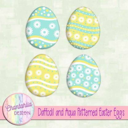 Free daffodil and aqua patterned easter eggs elements