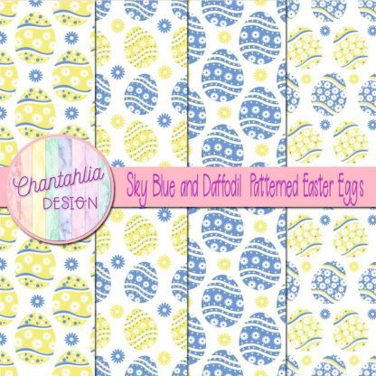 Free sky blue and daffodil patterned easter eggs digital papers