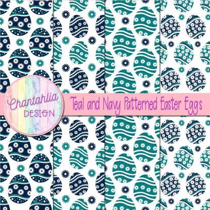 Free teal and navy patterned easter eggs digital papers