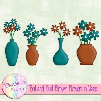 Free teal and rust brown flowers in vases