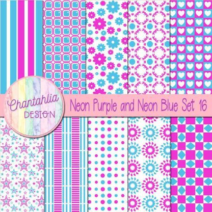 Free neon purple and neon blue digital paper patterns set 16