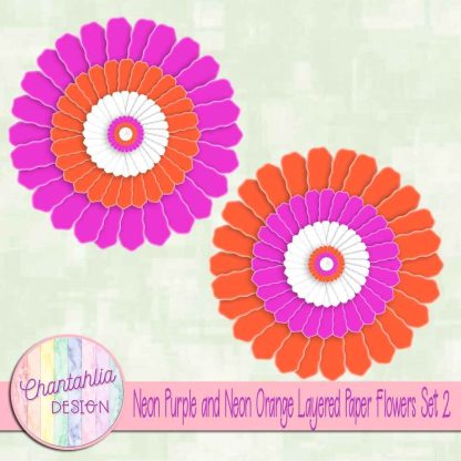 Free neon purple and neon orange layered paper flowers set 2