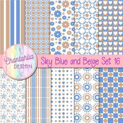 Free sky blue and beige digital paper patterns set 16