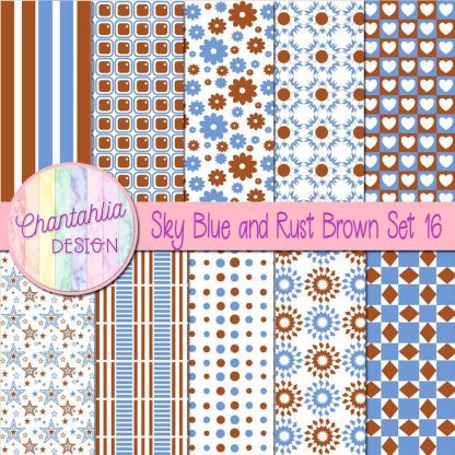 Free sky blue and rust brown digital paper patterns set 16