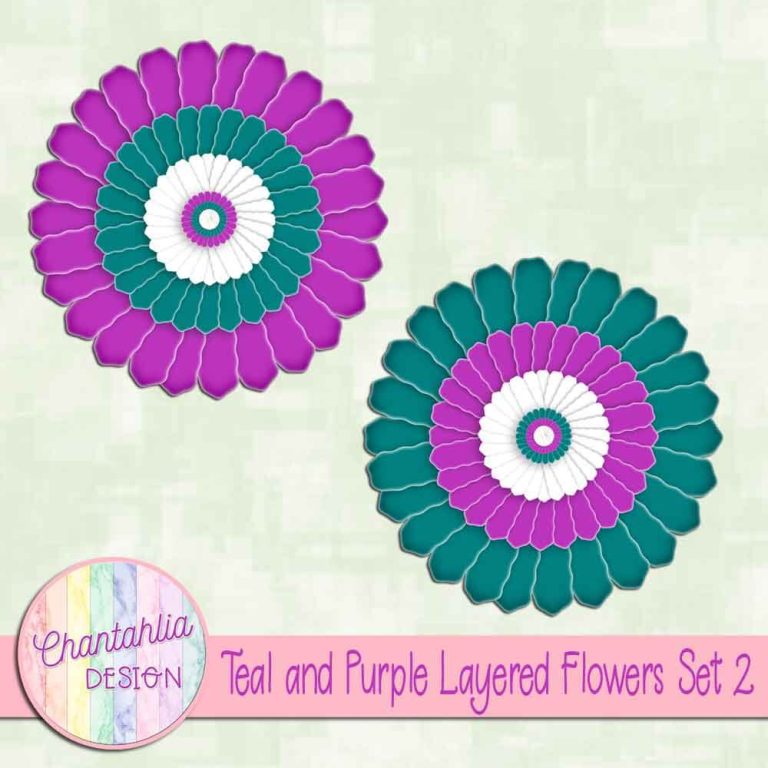 Free Teal and Purple Layered Paper Flowers for Digital Scrapbooking