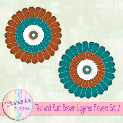 Free teal and rust brown layered paper flowers set 2