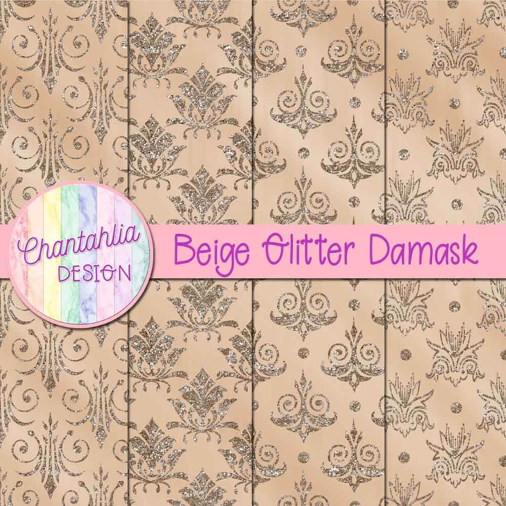 Free Digital Papers Featuring Beige Glitter Damask Designs