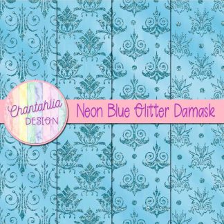 Free neon blue glitter damask digital papers