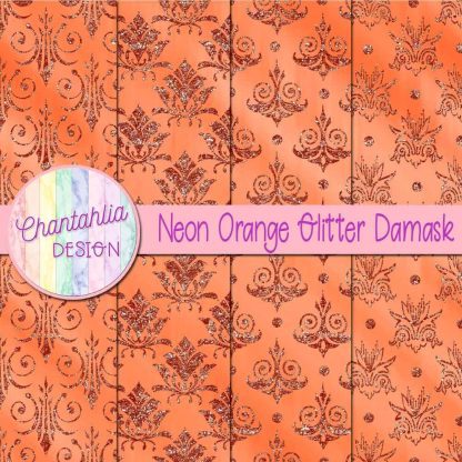 Free neon orange glitter damask digital papers