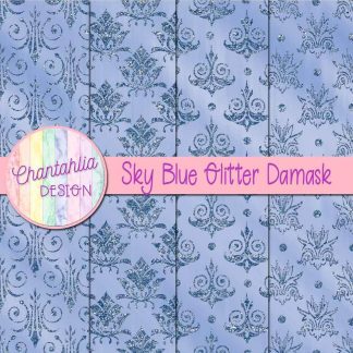 Free sky blue glitter damask digital papers