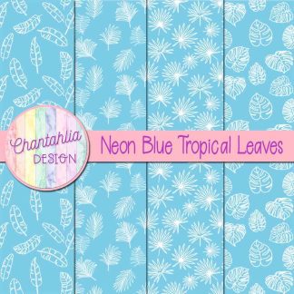 Free neon blue tropical leaves digital papers