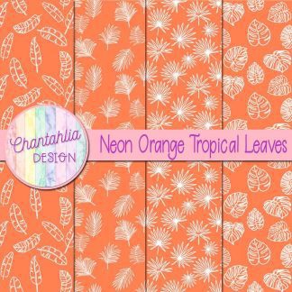 Free neon orange tropical leaves digital papers