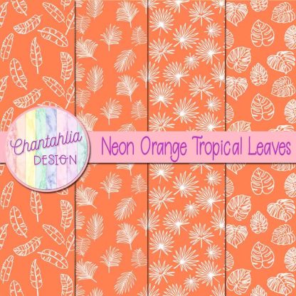 Free neon orange tropical leaves digital papers