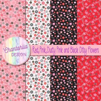 Free red pink dusty pink and black ditsy flowers digital papers