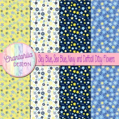 Free sky blue sea blue navy and daffodil ditsy flowers digital papers