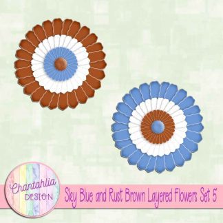 Free sky blue and rust brown layered paper flowers set 5