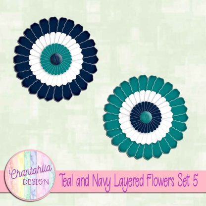 Free teal and navy layered paper flowers set 5