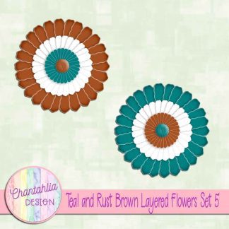 Free teal and rust brown layered paper flowers set 5