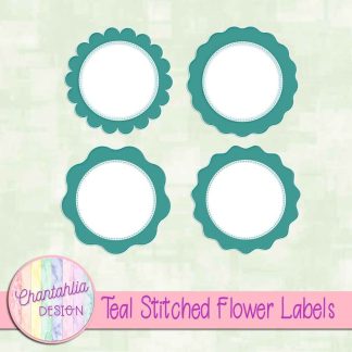 Free teal stitched flower labels