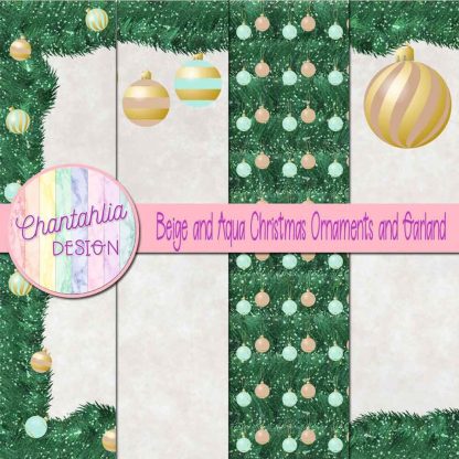 Free beige and aqua Christmas ornaments and garland digital papers