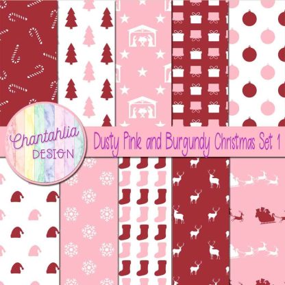 Free dusty pink and burgundy Christmas digital papers set 1