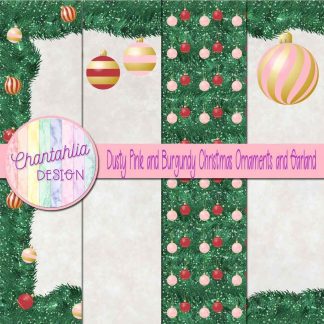 Free dusty pink and burgundy Christmas ornaments and garland digital papers