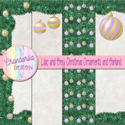 Free lilac and grey Christmas ornaments and garland digital papers