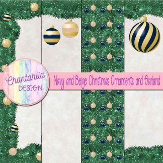 Free navy and beige Christmas ornaments and garland digital papers