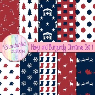 Free navy and burgundy Christmas digital papers set 1